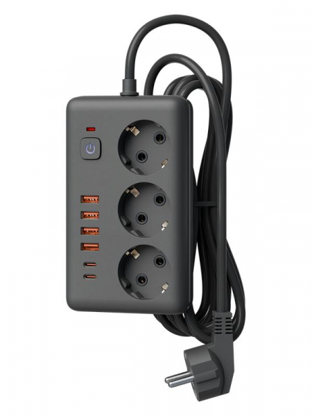 Удлинитель с сетевым фильтром 3х1.5м 10А 4USB + 2USBC 2500Вт ПВС 3х1 прямоуг. черн. КОСМОС FKsm1.5m-3gPF(B)USB ТехноИмпульс