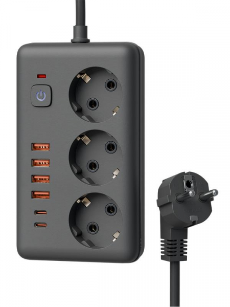 Удлинитель с сетевым фильтром 3х1.5м 10А 4USB + 2USBC 2500Вт ПВС 3х1 прямоуг. черн. КОСМОС FKsm1.5m-3gPF(B)USB ТехноИмпульс