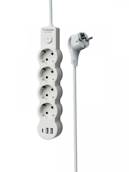 Удлинитель 3х5м с заземл. 10А IP20 USB 2500Вт 220В ПВС 3х1 с выкл. бел. КОСМОС YKsm5m4g-Z-VU10А-W ТехноИмпульс