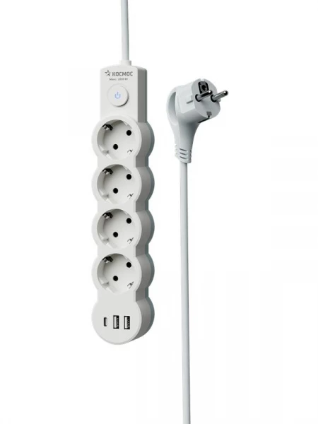 Удлинитель 3х5м с заземл. 10А IP20 USB 2500Вт 220В ПВС 3х1 с выкл. бел. КОСМОС YKsm5m4g-Z-VU10А-W ТехноИмпульс