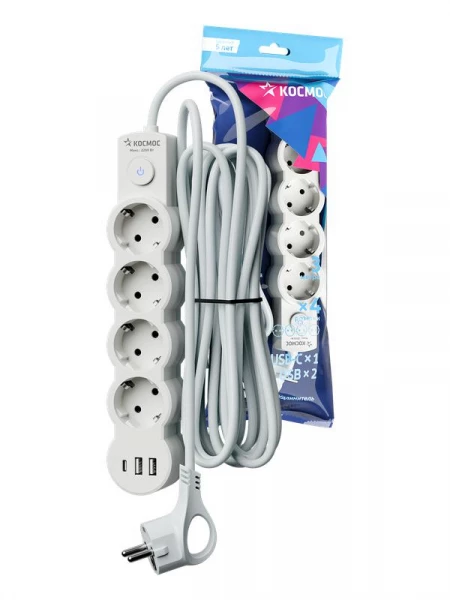 Удлинитель 3х3м с заземл. 10А IP20 USB 2500Вт 220В ПВС 3х1 с выкл. бел. КОСМОС YKsm3m4g-Z-VU10А-W ТехноИмпульс
