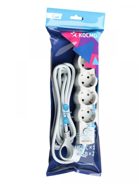 Удлинитель 3х3м с заземл. 10А IP20 USB 2500Вт 220В ПВС 3х1 с выкл. бел. КОСМОС YKsm3m4g-Z-VU10А-W ТехноИмпульс
