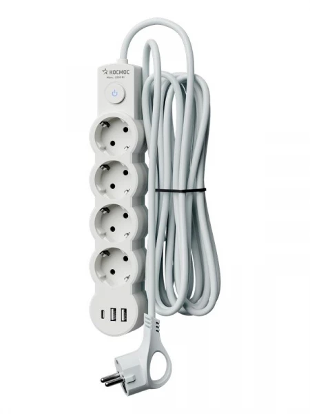 Удлинитель 3х1.5м с заземл. 10А IP20 USB 2500Вт 220В ПВС 3х1 с выкл. бел. КОСМОС YKsm1.5m4g-Z-VU10А-W ТехноИмпульс