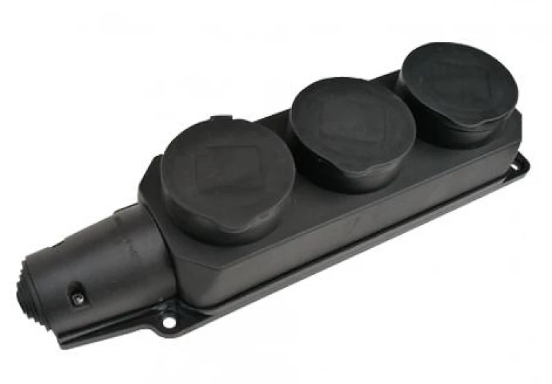 Колодка 3-м 16А IP44 с защ. крышками с заземл. каучук черн. 9323 IN HOME 4690612010281 ТехноИмпульс