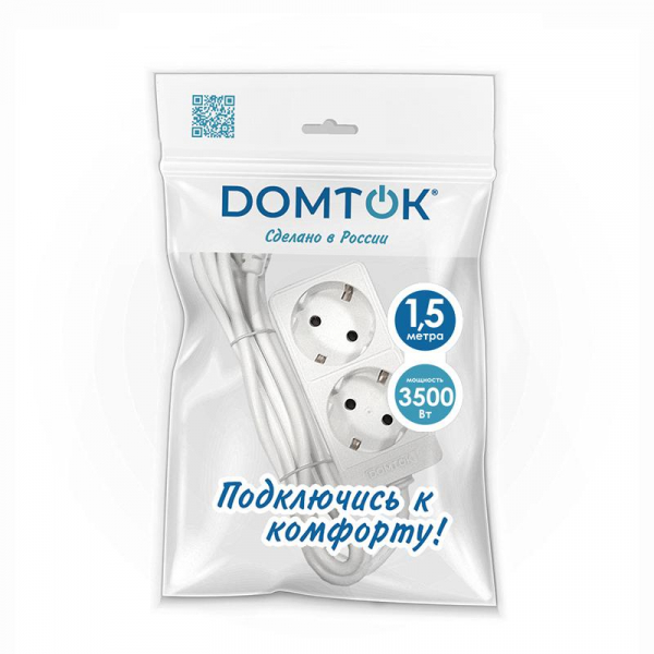 Удлинитель 2х1.5м с заземл. 16А IP20 3.5кВт ПВС 3х1 бел. DOMTOK 2384 ТехноИмпульс