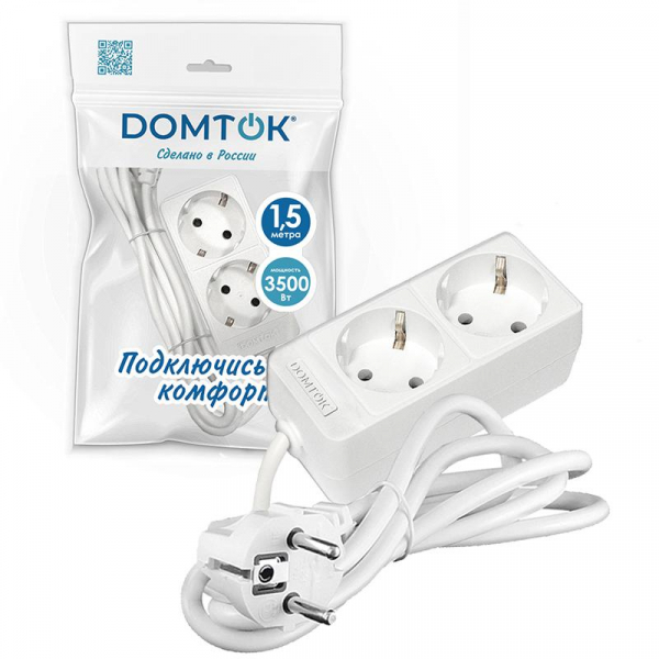 Удлинитель 2х1.5м с заземл. 16А IP20 3.5кВт ПВС 3х1 бел. DOMTOK 2384 ТехноИмпульс