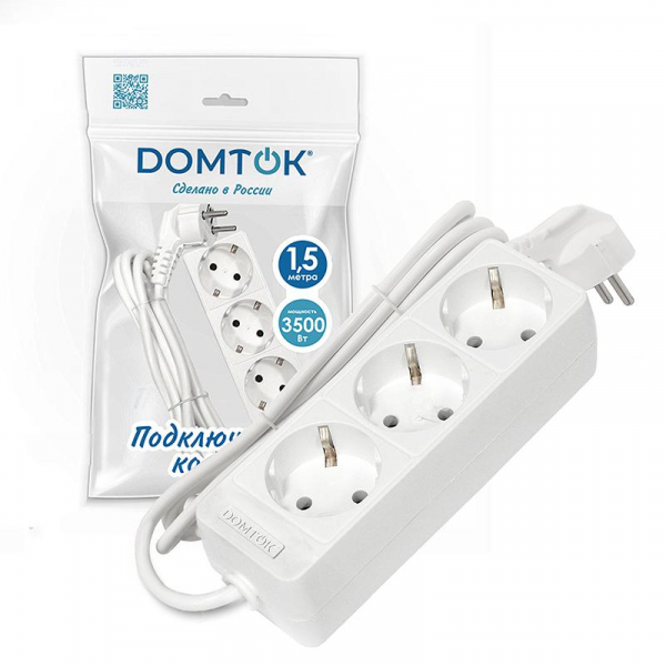 Удлинитель 3х1.5м с заземл. 16А IP20 3.5кВт ПВС 3х1 бел. DOMTOK 2389 ТехноИмпульс