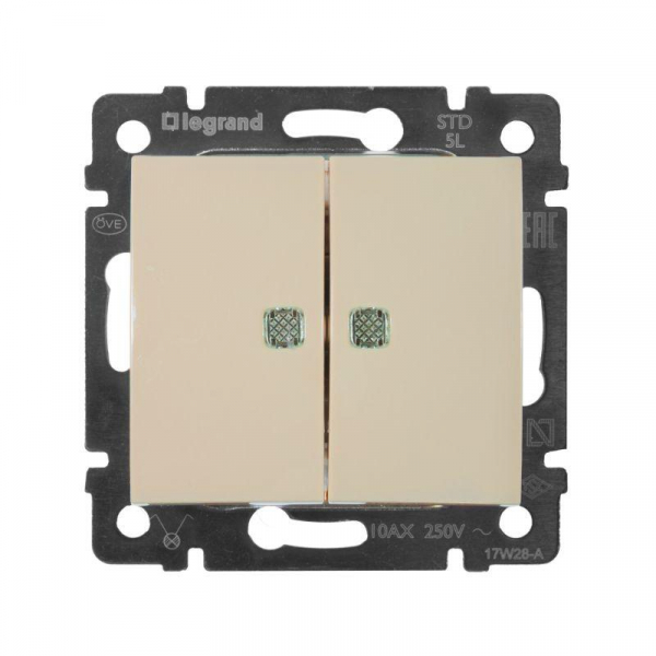 Выключатель 2-кл. СП Valena 10А IP31 250В с зел. подсветкой механизм сл. кость Leg 774328 ТехноИмпульс