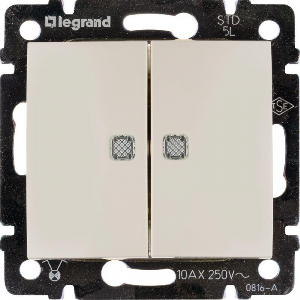 Выключатель 2-кл. СП Valena 10А IP31 250В с зел. подсветкой механизм сл. кость Leg 774328 ТехноИмпульс