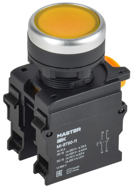 Кнопка d22мм 1НО+1НЗ MASTER желт. IEK MI-BT60-11-3-22-K05 ТехноИмпульс
