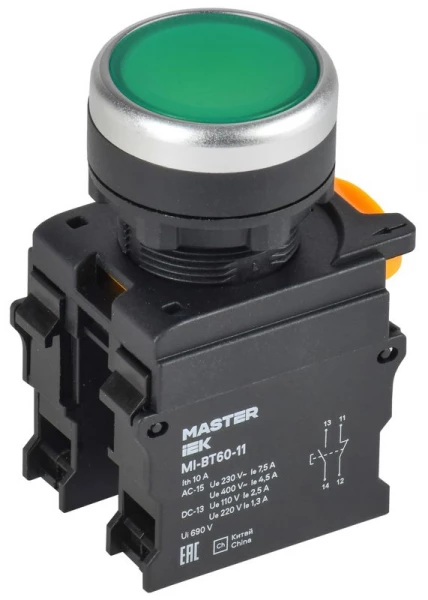 Кнопка d22мм 1НО+1НЗ MASTER зел. IEK MI-BT60-11-3-22-K06 ТехноИмпульс