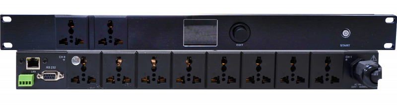 HY-SP408A, распр.питания 8упр+2сквозн. розетки, 6,5кВт/3,5кВт-канал,каскадирование,RS-232,EMI-фильтр ТехноИмпульс