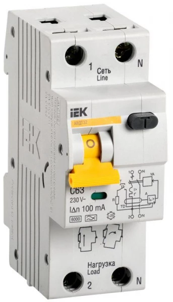 Выключатель автоматический дифференциального тока 2п (1P+N) C 63А 100мА тип A 6кА АВДТ-32 IEK MAD22-5-063-C-100 ТехноИмпульс