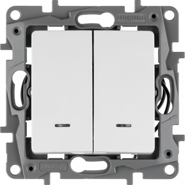 Выключатель 2-кл. СП Etika 10А IP20 250В 10AX с подсветкой/индикацией безвинтов. зажимы механизм бел. Leg 672204 ТехноИмпульс