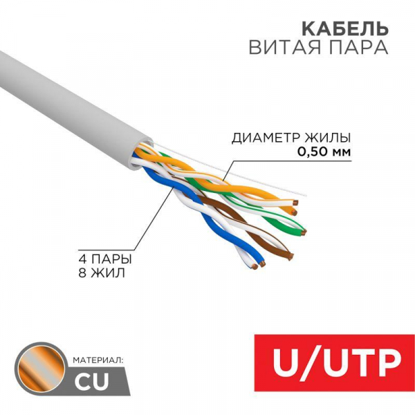 Кабель витая пара U/UTP кат.5E 4х2х24AWG solid CU PVC сер. (м) Rexant 01-0043 ТехноИмпульс