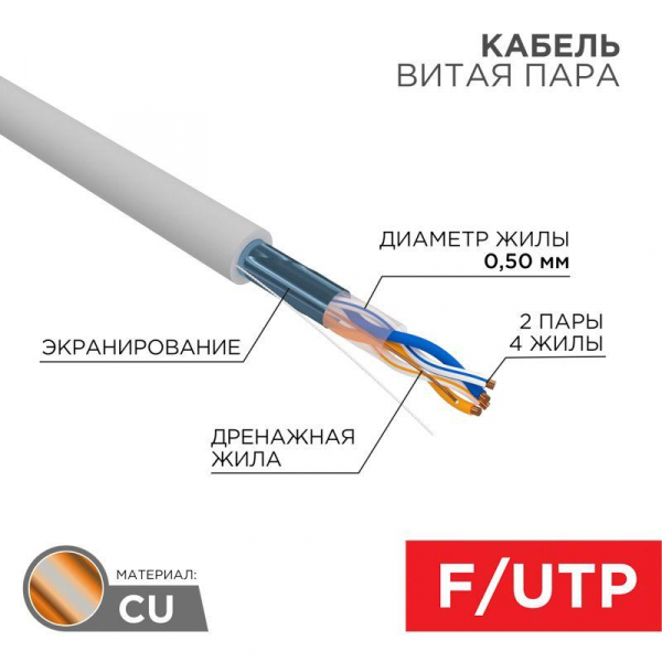 Кабель витая пара F/UTP 2х2х24AWG кат.5E solid CU PVC сер. (м) Rexant 01-0122 ТехноИмпульс