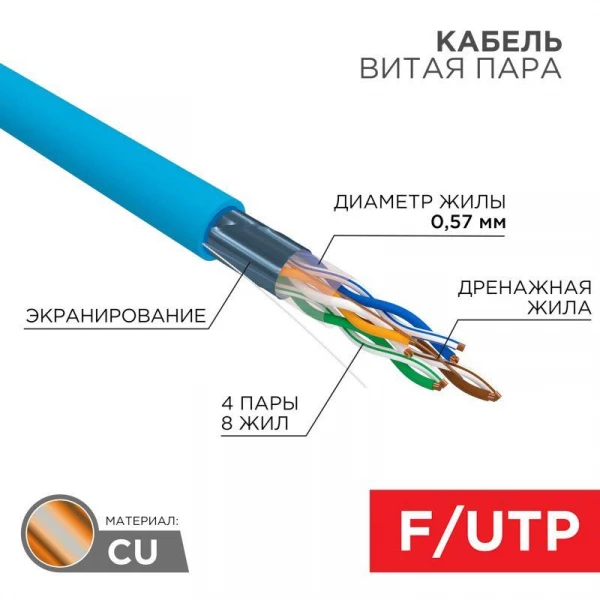 Кабель витая пара F/UTP 4х2х23AWG кат.6 solid CU PVC син. (м) Rexant 01-0147 ТехноИмпульс