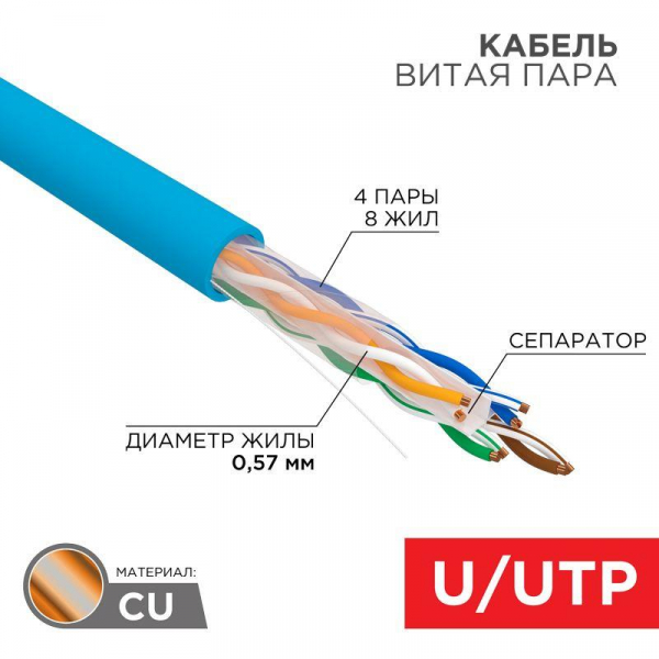 Кабель витая пара U/UTP кат.6 4х2х23AWG solid CU PVC син. (м) Rexant 01-0047 ТехноИмпульс