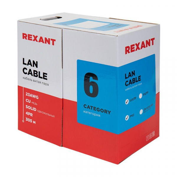 Кабель витая пара U/UTP кат.6 4х2х23AWG solid CU PVC син. (м) Rexant 01-0047 ТехноИмпульс