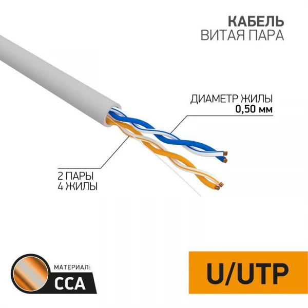 Кабель витая пара U/UTP кат.5E 2х2х24AWG solid CCA PVC сер. (м) PROCONNECT 01-0022-3 ТехноИмпульс