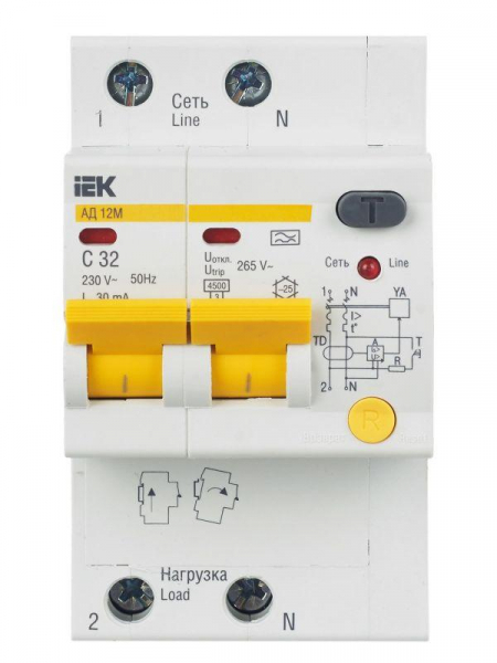 Выключатель автоматический дифференциального тока 2п C 32А 30мА тип A 4.5кА АД-12М KARAT IEK MAD12-2-032-C-030 ТехноИмпульс