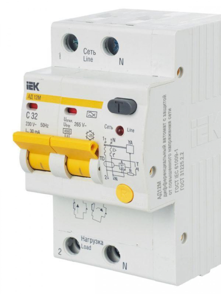 Выключатель автоматический дифференциального тока 2п C 32А 30мА тип A 4.5кА АД-12М KARAT IEK MAD12-2-032-C-030 ТехноИмпульс