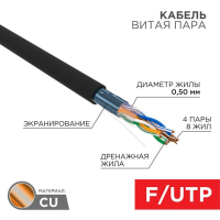 Кабель витая пара F/UTP 4х2х24AWG кат.5E solid CU PE Outdoor черн. (м) Rexant 01-0146 ТехноИмпульс