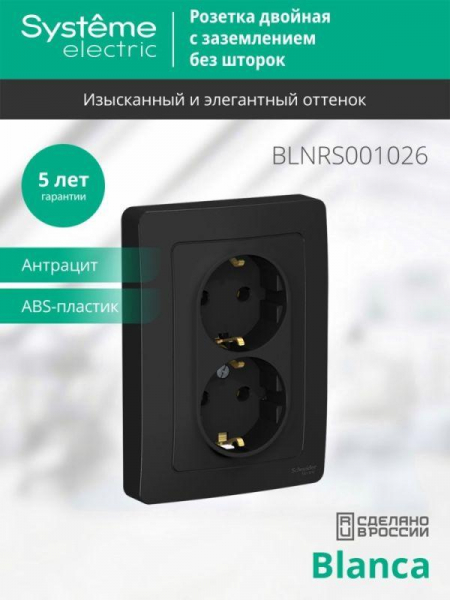 Розетка 2-м СП Blanca 16А IP20 250В с заземл. без защ. шторок антрацит SE BLNRS001026 ТехноИмпульс