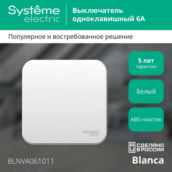 Выключатель 1-кл. ОП Blanca 6А IP20 (сх. 1) 250В с изолир. пластиной бел. SE BLNVA061011 ТехноИмпульс