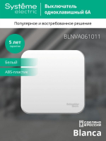 Выключатель 1-кл. ОП Blanca 6А IP20 (сх. 1) 250В с изолир. пластиной бел. SE BLNVA061011 ТехноИмпульс