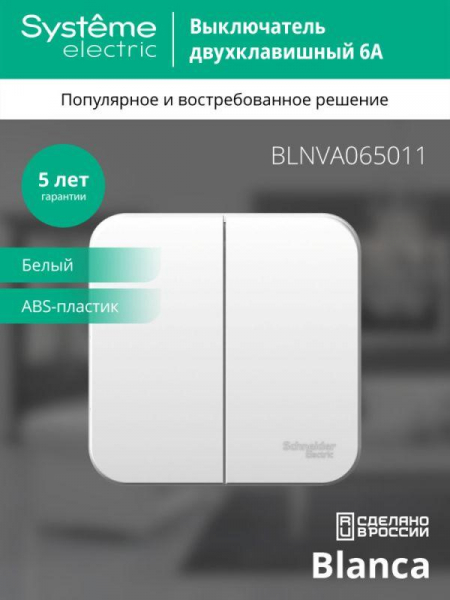 Выключатель 2-кл. ОП Blanca 6А IP20 (сх. 5) 250В с изолир. пластиной бел. SE BLNVA065011 ТехноИмпульс