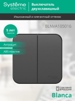Выключатель 2-кл. ОП Blanca 10А IP20 (сх. 5) 250В с изолир. пластиной антрацит SE BLNVA105016 ТехноИмпульс