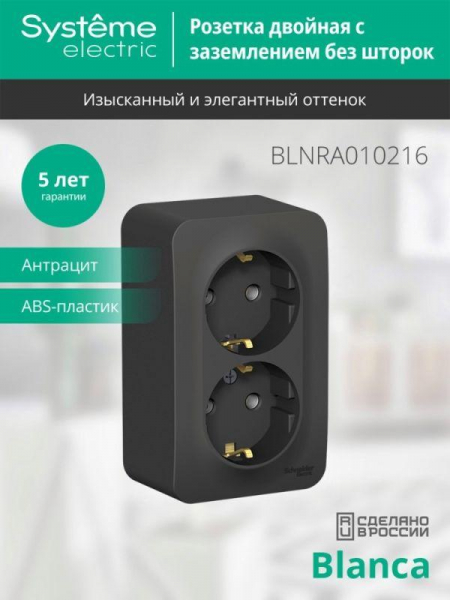 Розетка 2-м ОП Blanca 16А IP20 250В с заземл. без защ. шторок с изолир. пластиной антрацит SE BLNRA010216 ТехноИмпульс