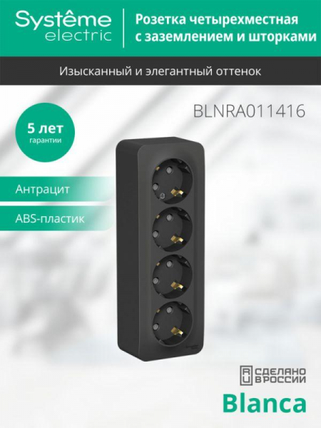 Розетка 4-м ОП Blanca 16А IP20 250В с заземл. защ. шторки с изолир. пластиной антрацит SE BLNRA011416 ТехноИмпульс