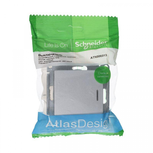 Выключатель 1-кл. СП AtlasDesign 10А IP20 (сх. 1а) 10AX с подсветкой механизм алюм. SE ATN000313 ТехноИмпульс