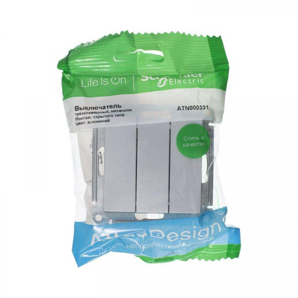 Выключатель 3-кл. СП AtlasDesign 10А IP20 (сх. 1+1+1) 10AX механизм алюм. SE ATN000331 ТехноИмпульс
