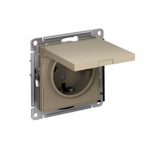 Розетка 1-м СП AtlasDesign 16А IP20 с заземл. защ. шторки с крышкой механизм шампань SE ATN000546 ТехноИмпульс