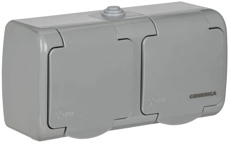 Розетка 2-м ОП AQUATIC РСш22-2-А 16А IP54 с заземл. с крышкой GENERICA ERA22-K03-16-54 ТехноИмпульс