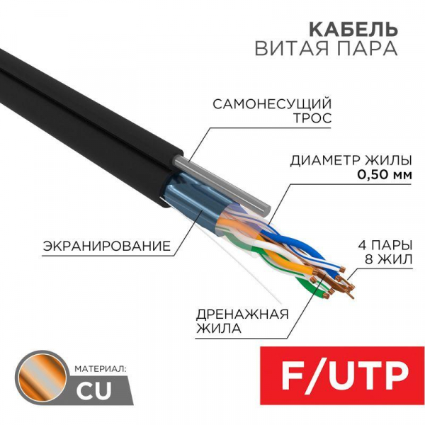 Кабель витая пара F/UTP кат.5E 4х2х24AWG solid CU PE Outdoor трос черн. (м) Rexant 01-0144 ТехноИмпульс