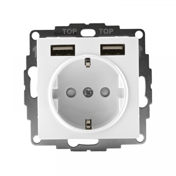 Розетка 1-м СП AtlasDesign 16А IP20 с 2-мя заряд. устройствами USB тип A+A 5В/2.4А 2х5В/1.2А механизм бел. SE ATN000130 ТехноИмпульс