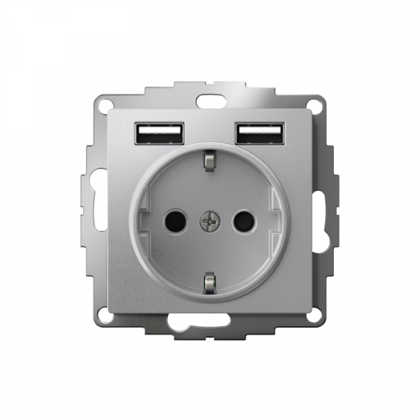 Розетка 1-м СП AtlasDesign 16А IP20 с 2-мя заряд. устройствами USB тип A+A 5В/2.4А 2х5В/1.2А механизм алюм. SE ATN000330 ТехноИмпульс