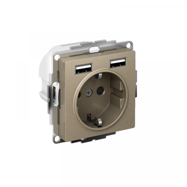 Розетка 1-м СП AtlasDesign 16А IP20 с 2-мя заряд. устройствами USB тип A+A 5В/2.4А 2х5В/1.2А механизм шампань SE ATN000530 ТехноИмпульс