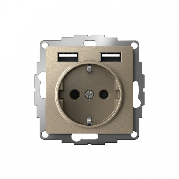 Розетка 1-м СП AtlasDesign 16А IP20 с 2-мя заряд. устройствами USB тип A+A 5В/2.4А 2х5В/1.2А механизм шампань SE ATN000530 ТехноИмпульс