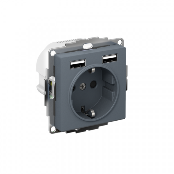 Розетка 1-м СП AtlasDesign 16А IP20 с 2-мя заряд. устройствами USB тип A+A 5В/2.4А 2х5В/1.2А механизм грифель SE ATN000730 ТехноИмпульс