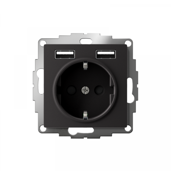 Розетка 1-м СП AtlasDesign 16А IP20 с 2-мя заряд. устройствами USB тип A+A 5В/2.4А 2х5В/1.2А механизм карбон SE ATN001030 ТехноИмпульс