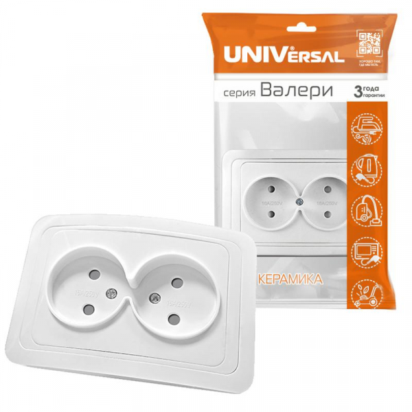 Розетка 2-м СП Валери 16А IP20 без заземл. защ. шторки бел. UNIVersal В0102x ТехноИмпульс