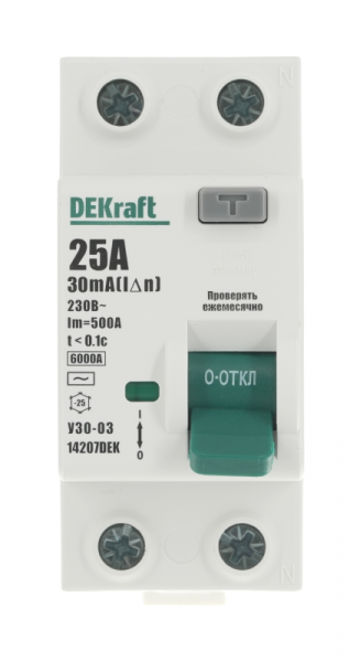 Выключатель дифференциального тока (УЗО) 2п 25А 30мА тип AC 6кА УЗО-03 DEKraft 14207DEK ТехноИмпульс