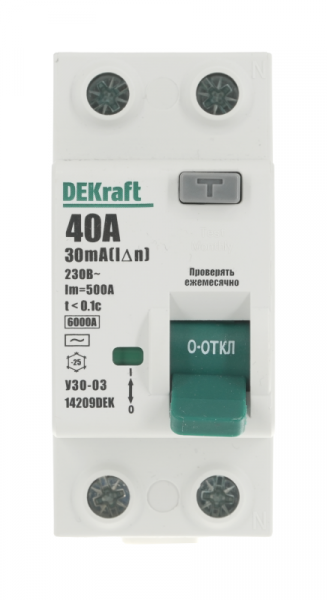 Выключатель дифференциального тока (УЗО) 2п 40А 30мА тип AC 6кА УЗО-03 DEKraft 14209DEK ТехноИмпульс