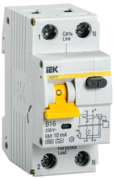 Выключатель автоматический дифференциального тока 2п (1P+N) B 16А 10мА тип A 6кА АВДТ-32 IEK MAD22-5-016-B-10 ТехноИмпульс