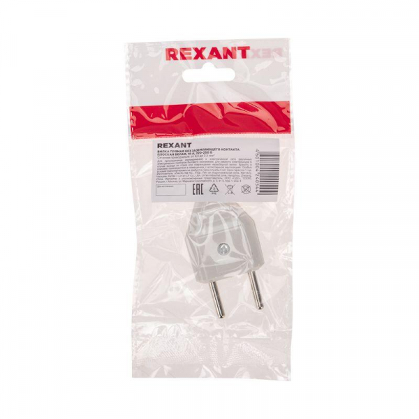 Вилка прямая 6А плоская без заземл. бел. Rexant 11-8946 ТехноИмпульс